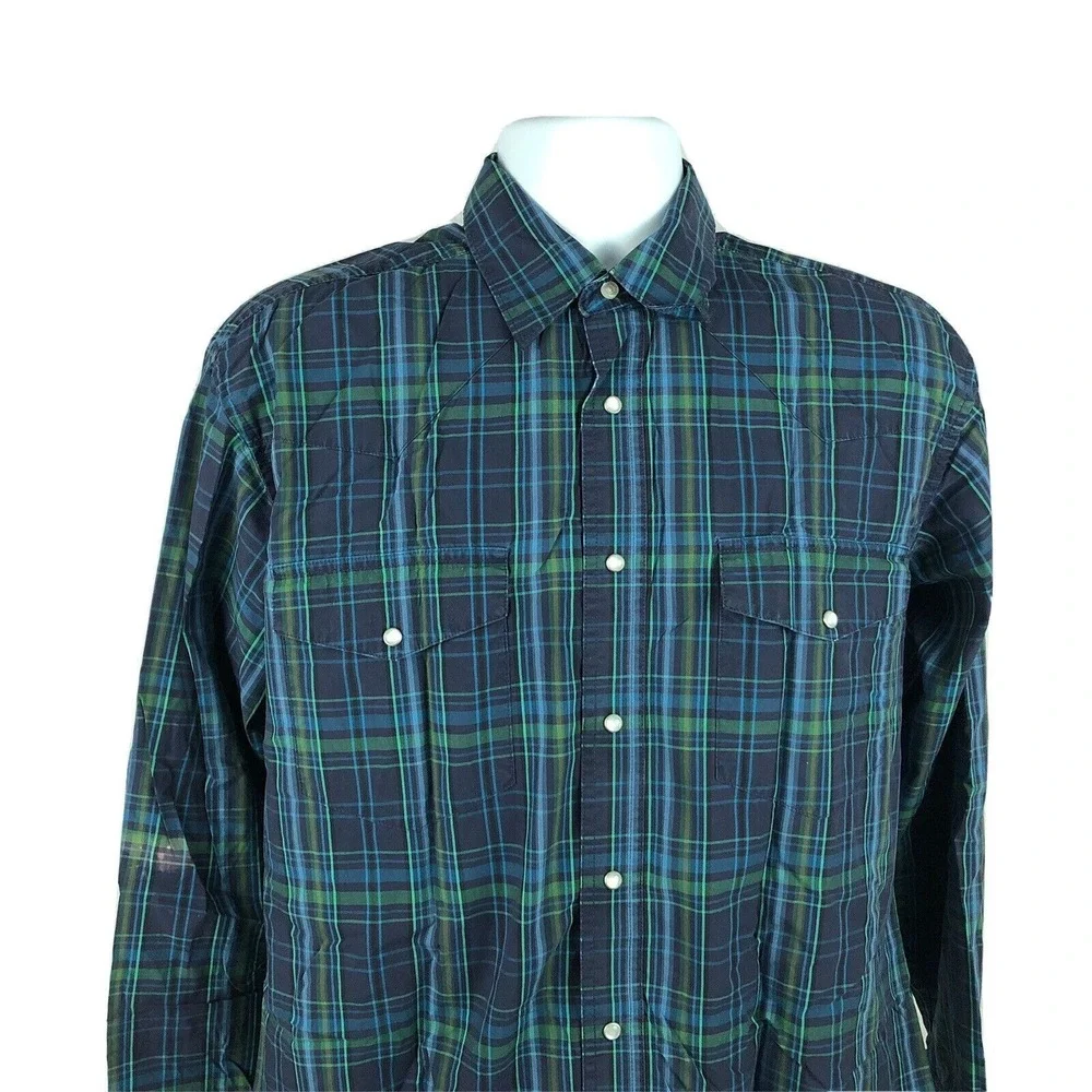 Wrangler‎ Western Shirt Men's Large Pearl Snaps Cowboy Rodeo Farm Ranch Blue L/S